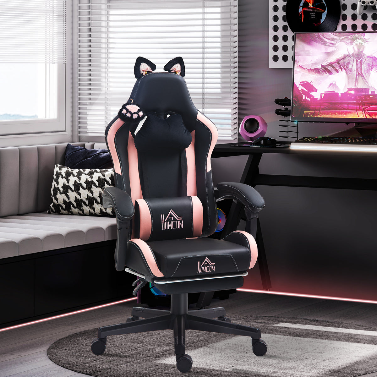 Cadeira Gaming com Orelhas Cadeira Gamer Reclinável com Altura Ajustável Apoio para os Pés Retrátil Suporte Lombar e Apoio para a Cabeça Desmontável Cadeira para Escritório 65x62x116-124 cm Preto — foto 2