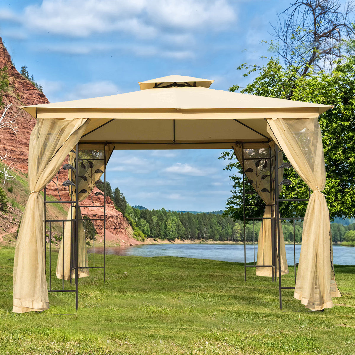 Gazebo de Jardim 3x3x2,72 m com Teto Duplo, Mosquiteiros e Estrutura de Aço para Exterior e Festas - Bege — foto 2