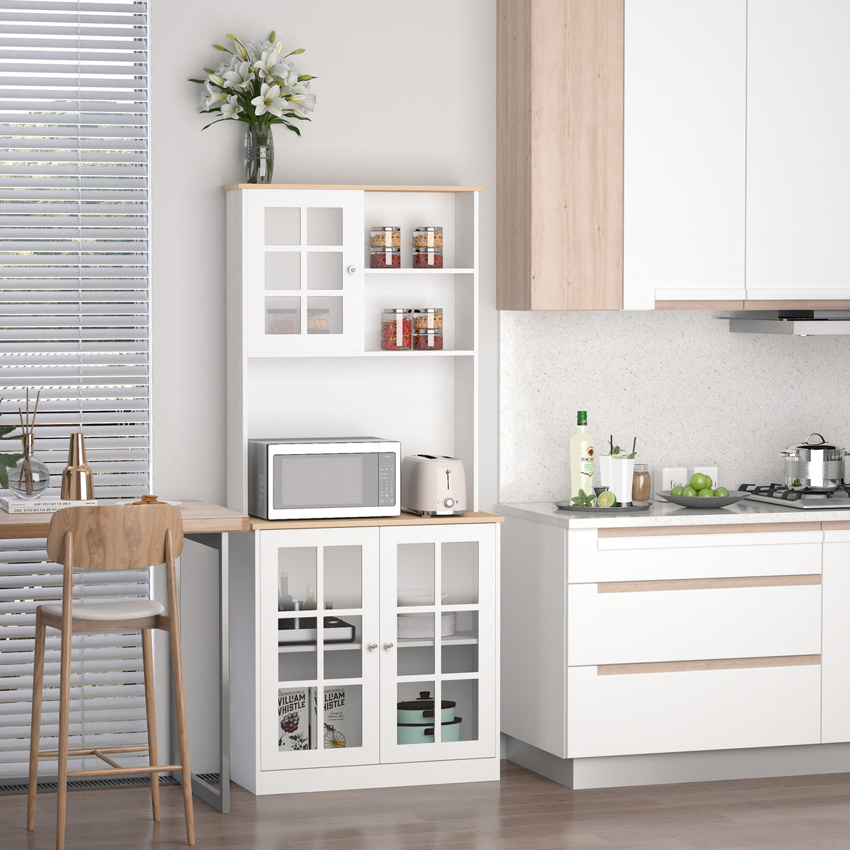 Armário de Cozinha com Prateleiras e Portas de Vidro Armário Alto de Cozinha para Pequenos Eletrodomésticos e Louças 80x37x183 cm Branco — foto 2