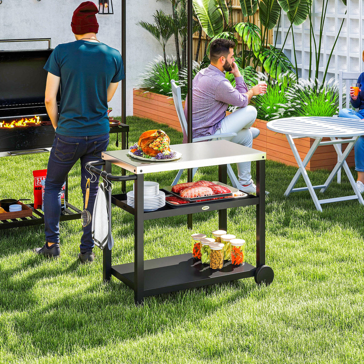 Carrinho de Barbecue de 3 Níveis Carrinho de Serviço com 2 Rodas Prateleiras Bancada em Aço Inoxidável e Alça Mesa para Forno de Pizza para Jardim e Pátio 102x50x81 cm Cinza Carvão — foto 2