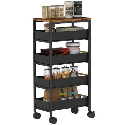 5-Tier Kitchen Storage Trolley with Wheels and 4 Removable Drawers 39.5x24x82 cm Black