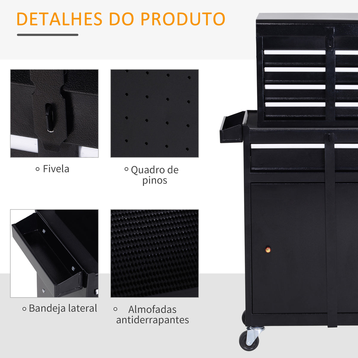 Carro de Ferramentas com Rodas Carro de Ferramentas Móvel com 5 Gavetas Armário de Armazenamento e Almofada Antiderrapante Carga 52kg para Garagem 60x28x104,5cm Preto — foto 7