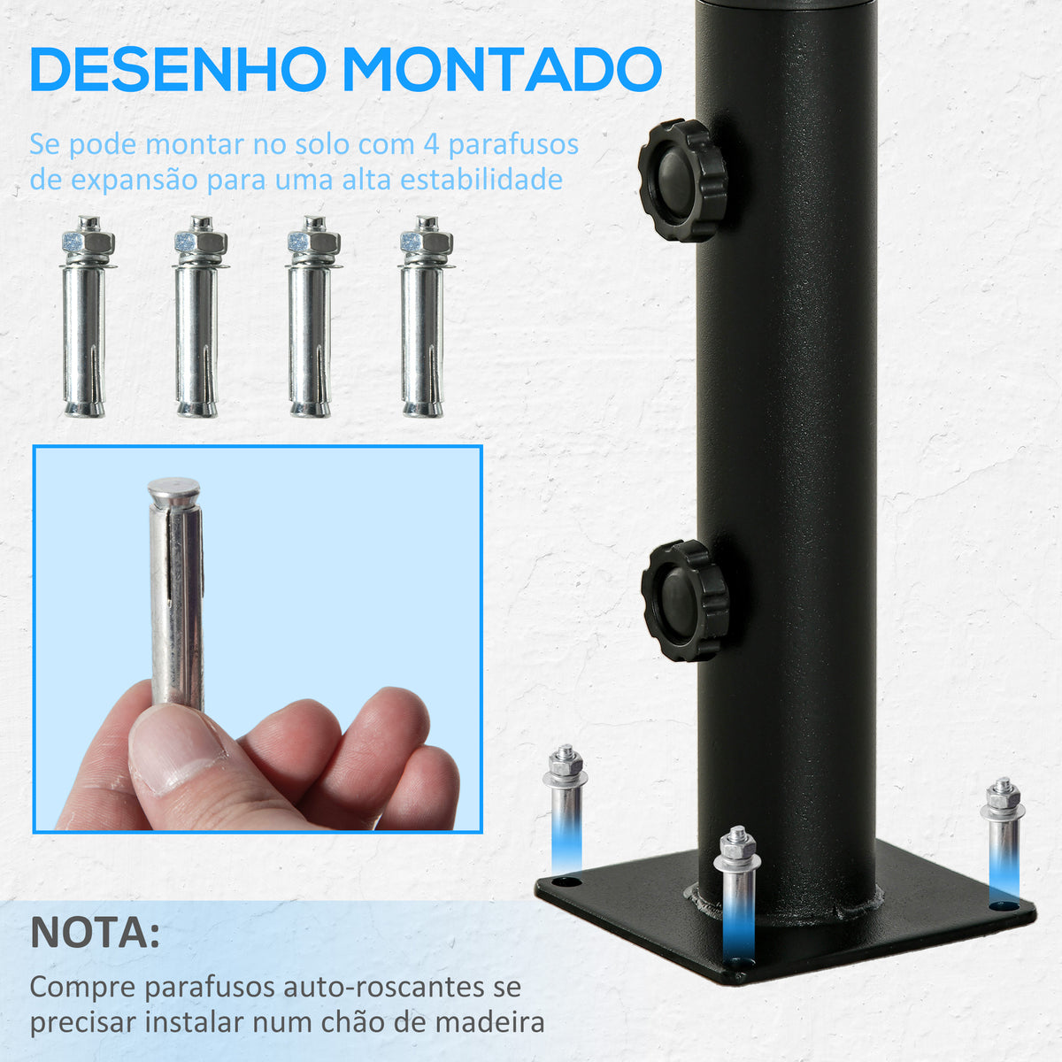 Suporte Chapéu de Sol para Chão de Cimento com 2 Botões de Bloqueio e 4 Parafusos Base de Chapéu de Sol para Mastros de 34/38/48mm 12x12x30cm Preto — foto 4