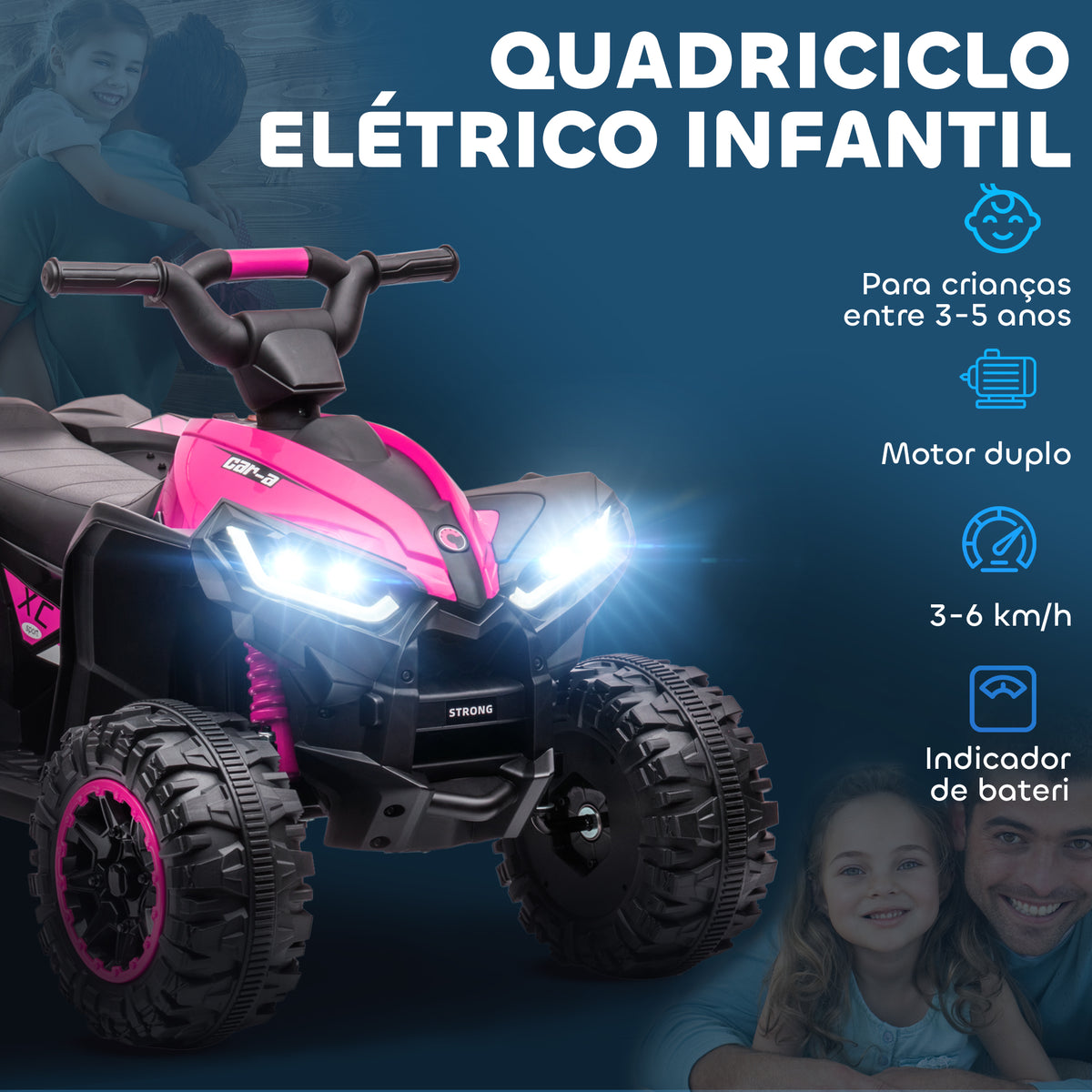 Quadriciclo Elétrico para Crianças de 3-5 Anos Veículo Eléctrico a Bateria 12V com 2 Motores Farol Música Velocidade Ajustável Avançar e Retroceder 83x53x55,5 cm Rosa — foto 4