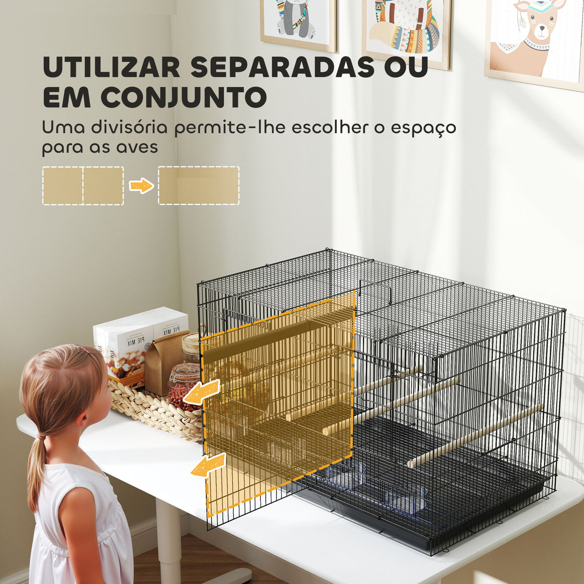 Gaiola para Pássaros com Divisória Gaiola para Aves com 4 Comedouros 4 Poleiros e Bandeja Amovível Gaiola para Canários Periquitos 76x46x46 cm Preto — foto 4