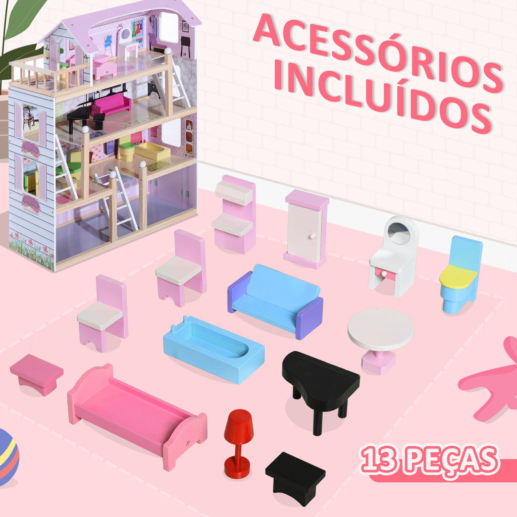 Casa de Bonecas com Móveis e 4 Andares Casa de Bonecas com 13 Acessórios Brinquedo de Imitação 60,5x30x80,5cm Rosa — foto 6