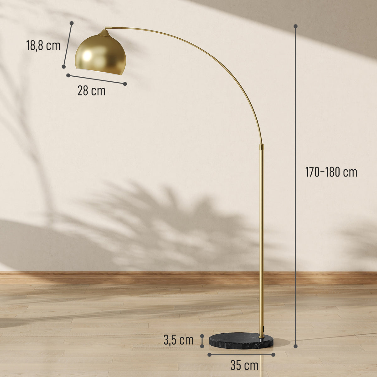 Candeeiro de Pé em Forma de Arco com Altura e Comprimento Ajustáveis Candeeiro de Leitura para Lâmpadas E27 Potência Máxima 40W com Interruptor de Pé 110-115x30x170-180 cm Dourado e Preto — foto 3