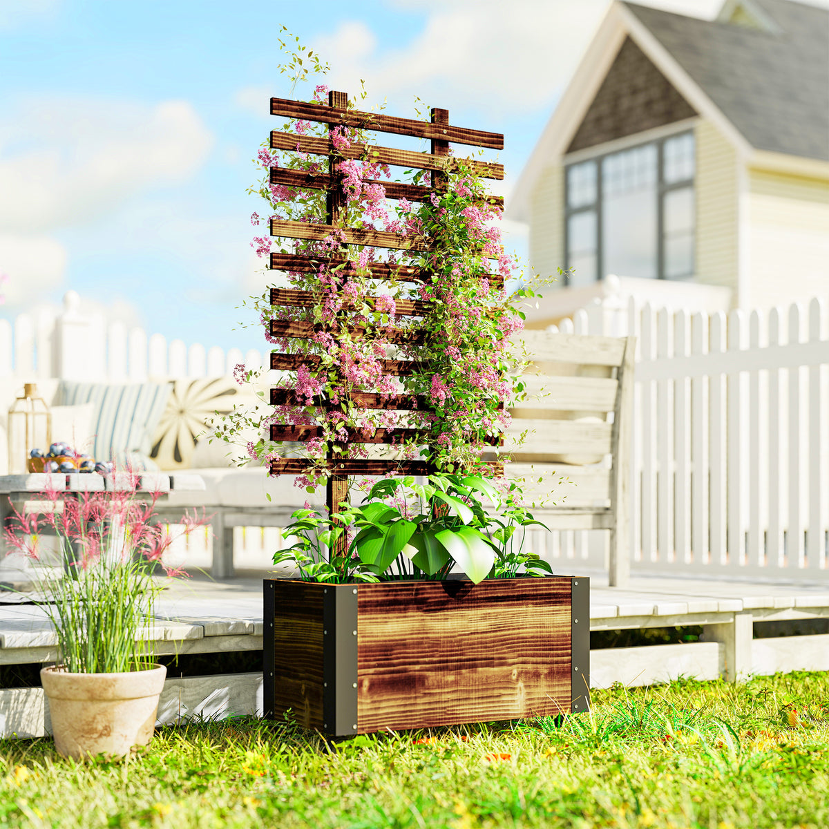 Floreira Exterior de Madeira Floreira com Treliça para Plantas Trepadeiras Tecido não Tecido Rodas e Cantos Metálicos de Dupla Camada para Pátio Varanda 65x31x147 cm Madeira — foto 2