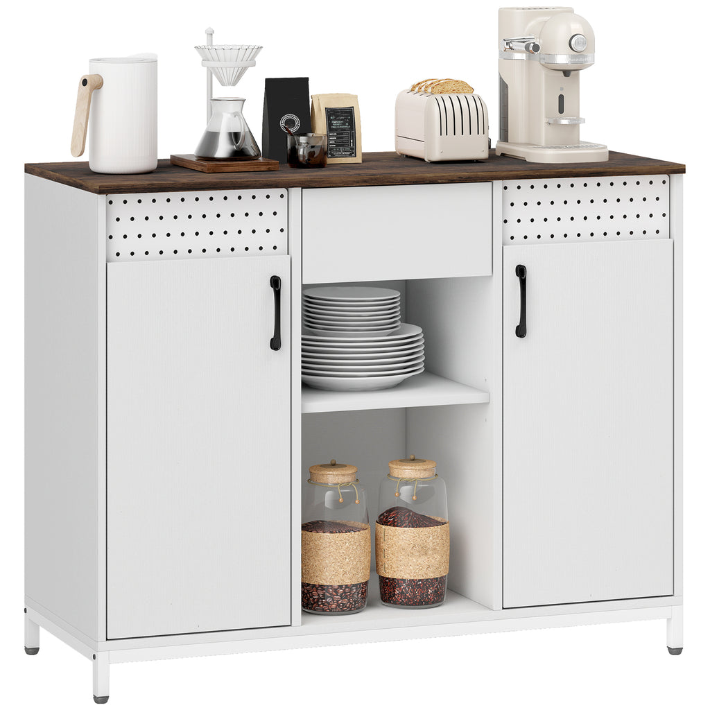 Aparador de 2 Portas com Orifícios Aparador de Sala com 2 Compartimentos e Gaveta Prateleiras Ajustáveis para Cozinha Entrada Dormitório 100x40x80 cm Branco e Castanho Rústico — foto 1