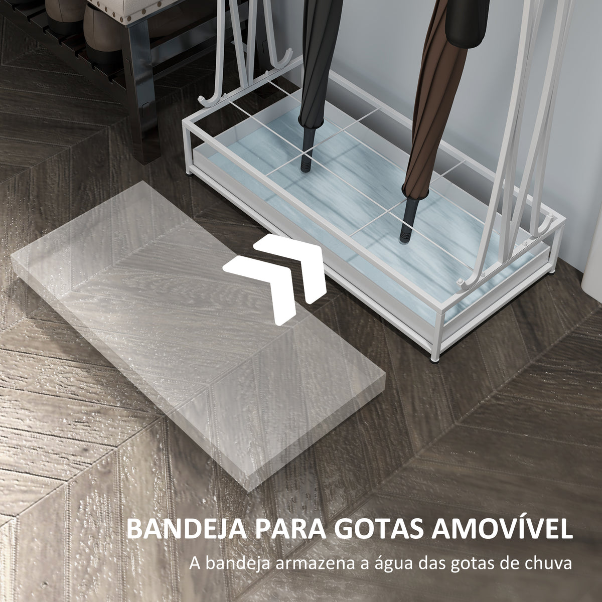 Suporte para Guarda-Chuva Moderno Retangular Suporte para Guarda Chuvas de Aço com 24 Ganchos 21 Espaços e Bandeja Recolhedora de Gotas Amovível para Entrada Escritório 50x24x68 cm Branco — foto 5