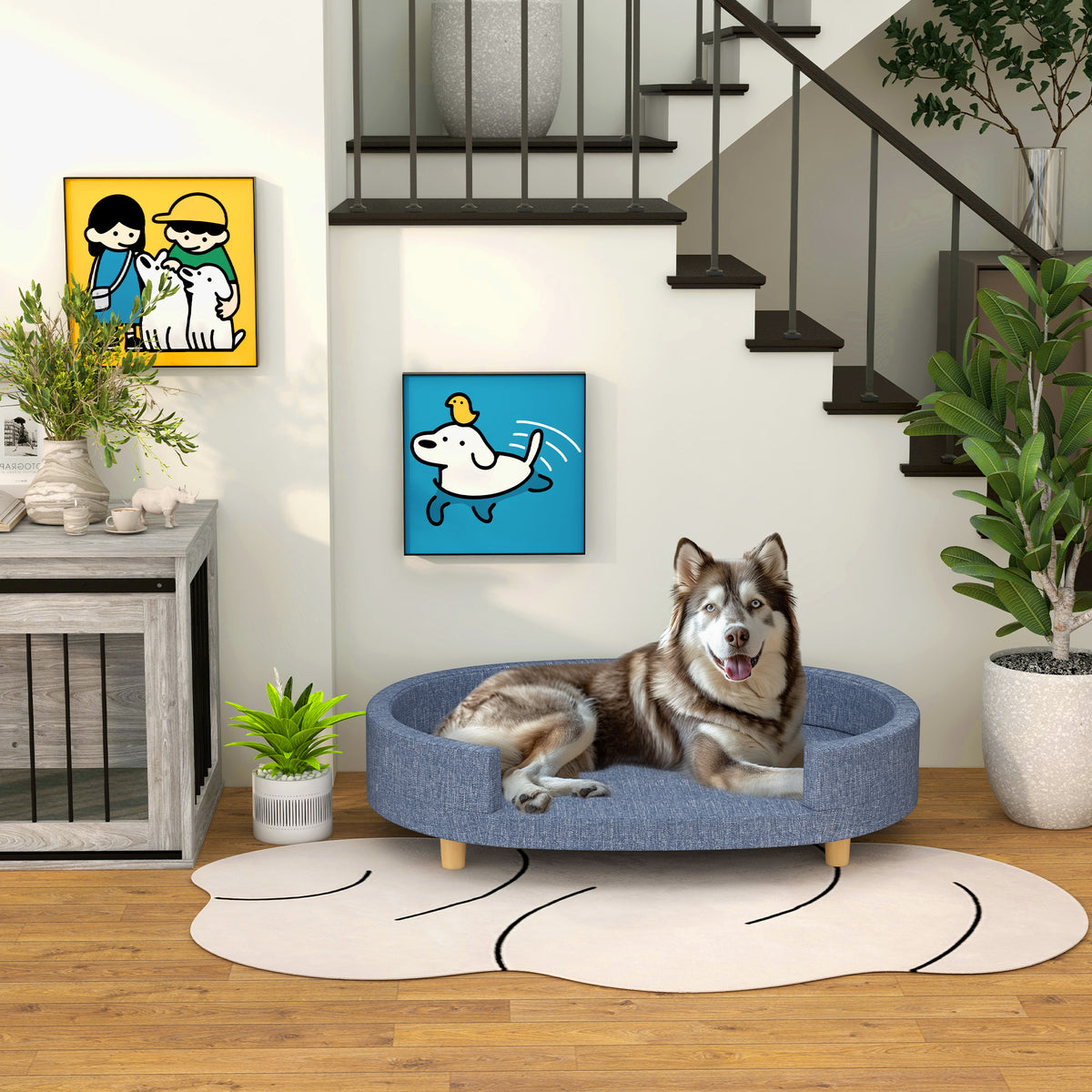 Sofá para Cães Grandes Sofá para Animais de Estimação com Almofada Amovível Capa Lavável e Pés de Madeira Carga 30 kg para Interior 100x70x25 cm Azul — foto 2
