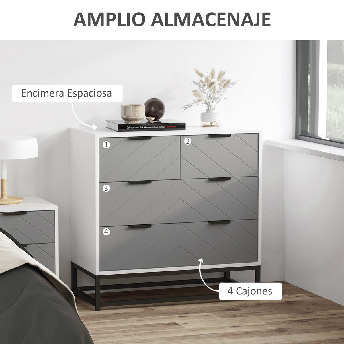 Cômoda de cabeceira com 4 gavetas com base elevada e desenho anti derrapante 80x40x79 cm Branco Cinzento e Preto — foto 4
