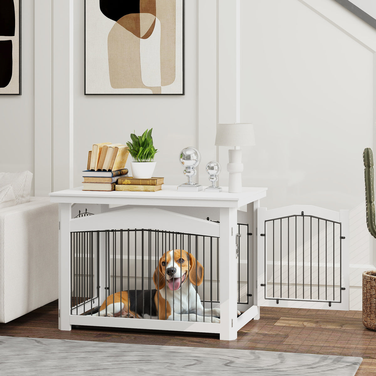 Gaiola para Cães Médios 3 em 1 Mesa Auxiliar Gaiola para Cães com Porta trava Tampa Superior Desmontável e Bandeja Amovível 82,5x57,5x59,5 cm Branco — foto 2