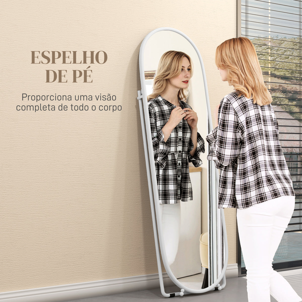 Espelho de Pé 160x40 cm Espelho de Corpo Inteiro com Moldura Metálica Espelho de Parede Oval com Suporte e 2 Formas de Utilização para Sala de Estar Entrada e Quarto Branco — foto 4