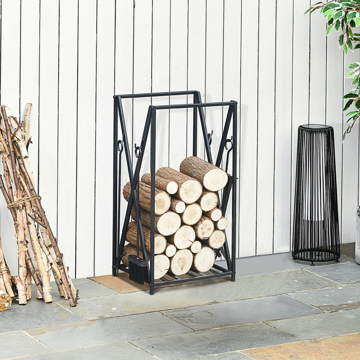 Suporte para Lenhas 46x30x76cm com 4 Ferramentas Incluídas Estrutura de Aço Carga Máxima 100kg para Exterior e Interior Preto — foto 2