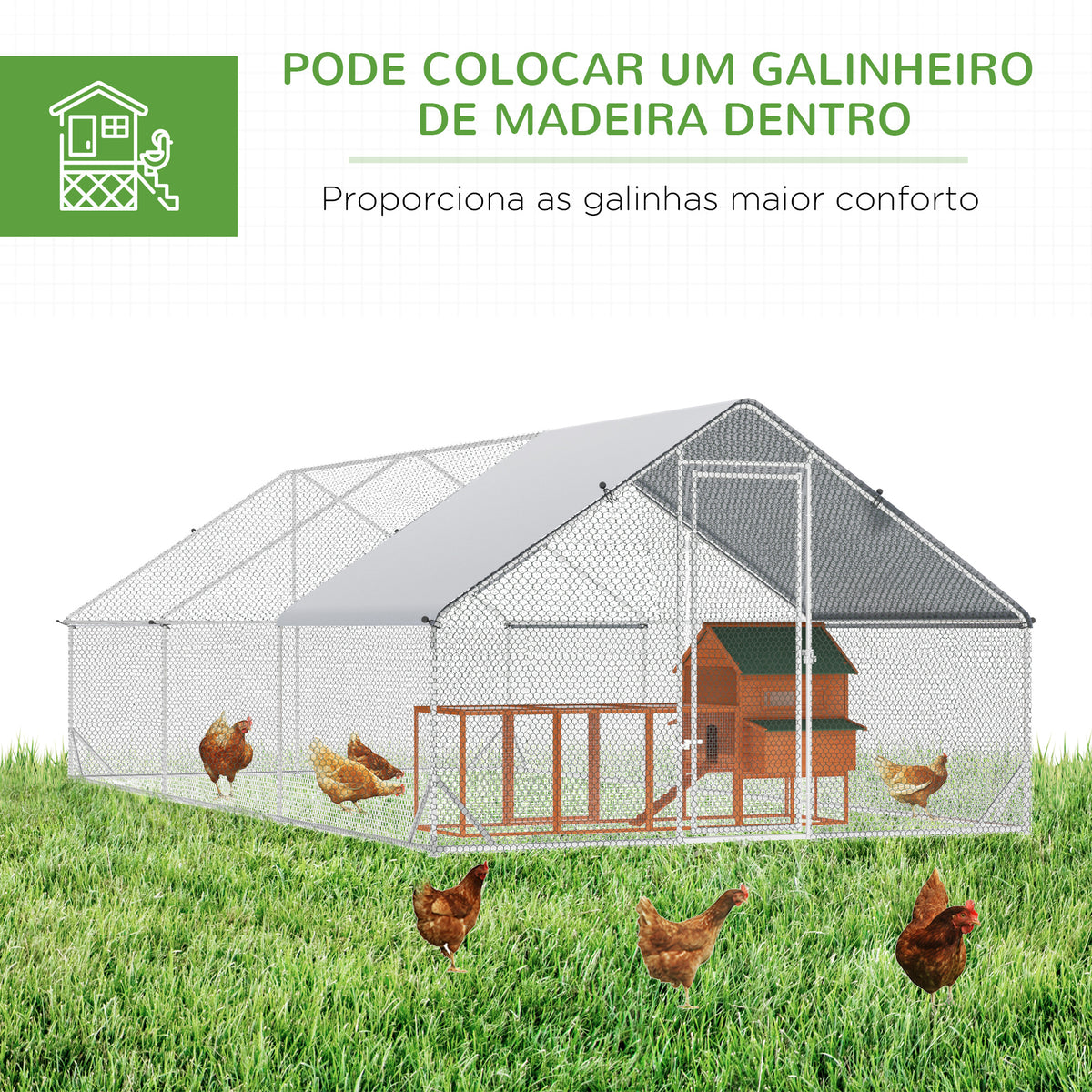 Galinheiro de Exterior Grande 3x6x2m Gaiola para 12-18 Galinhas de Aço Galvanizado com Teto de PE e Fechadura para Coelhos Prata — foto 5