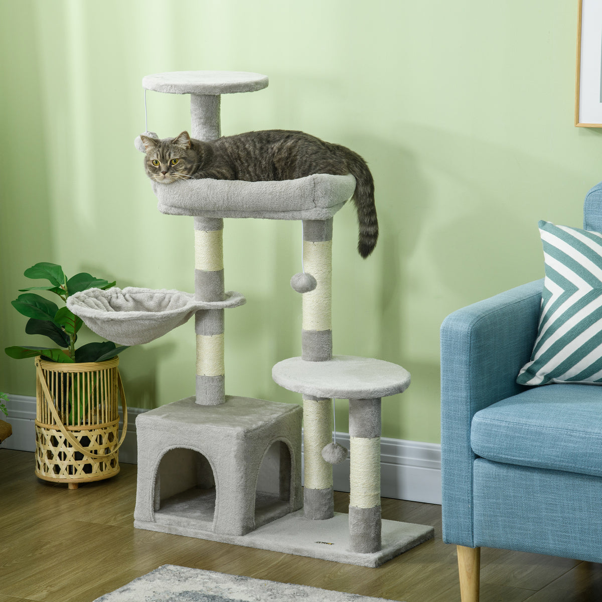 Arranhador para Gatos Altura 104 cm Arranhador para Gatos Torre de Escalada com Postes Arranhadores de Sisal Cova Plataformas e Bolas Suspensas 65x30x104 cm Cinzento Claro — foto 2