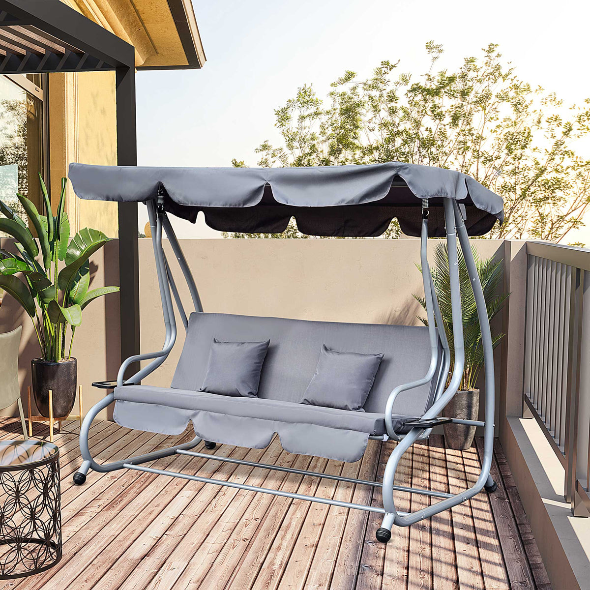Banco Baloiço Jardim 3 Lugares Convertível em Cama com Teto Ajustável e Bandeja para Bebidas para Varanda Jardim Exterior Carga Máxima 340 kg 200x120x164 cm Cinza — foto 2