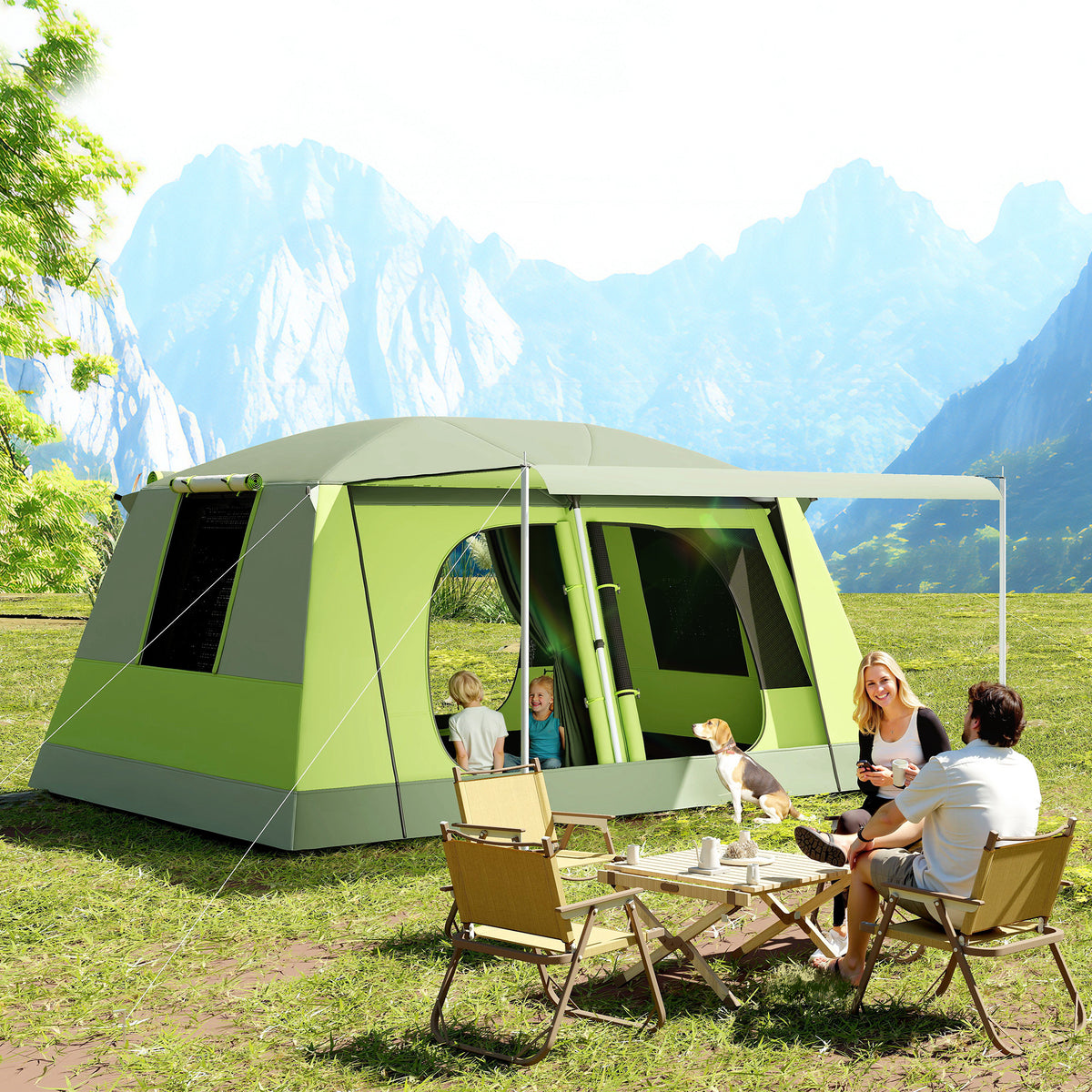 Tenda de Campismo Familiar para 4 Pessoas Tenda de Campismo Portátil Impermeável com Bolsa de Transporte Rede Mosquiteira e Proteção Solar 410x-310x225cm Verde — foto 2