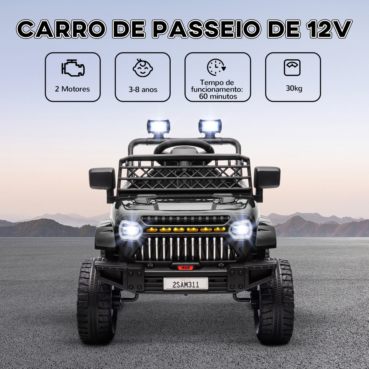 Carro Elétrico para Crianças acima de 3 Anos Carro Elétrico Infantil UTV Carro a Bateria 12V com Controlo Remoto Velocidade Ajustável USB Faróis e Buzina 95x62,5x65 cm Preto — foto 4