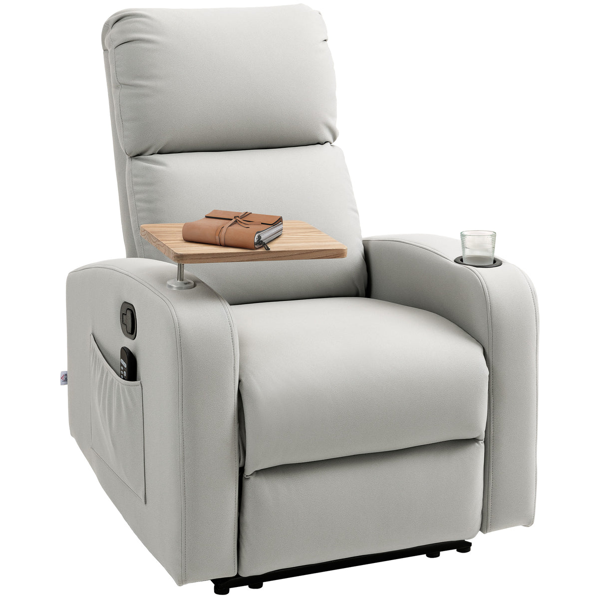 Poltrona de Massagem Poltrona Relax Elétrica com 4 Modos de Vibração Reclinação 145° Estofada em Microfibra Controlo Remoto Mesa 2 Bolsos Laterais e Suporte para Copos 77x93x105 cm Cinza — foto 1
