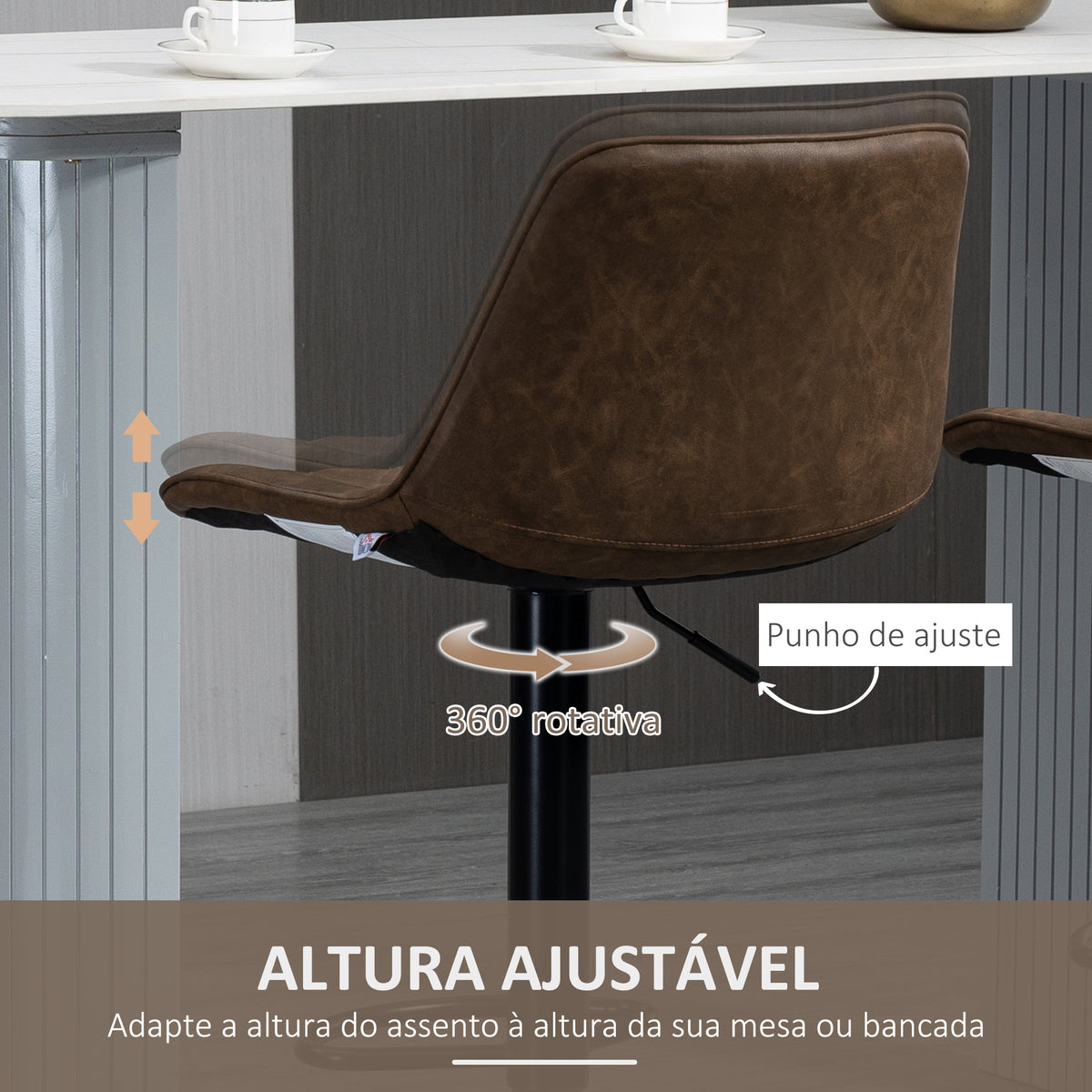 Conjunto de Bancos de Bar Estofados em PU Bancos Altos de Sala de Jantar com Altura Ajustável Assento Giratório e Apoio para os Pés Carga Máxima 120kg 46,5x51x86-106cm Marrom — foto 5