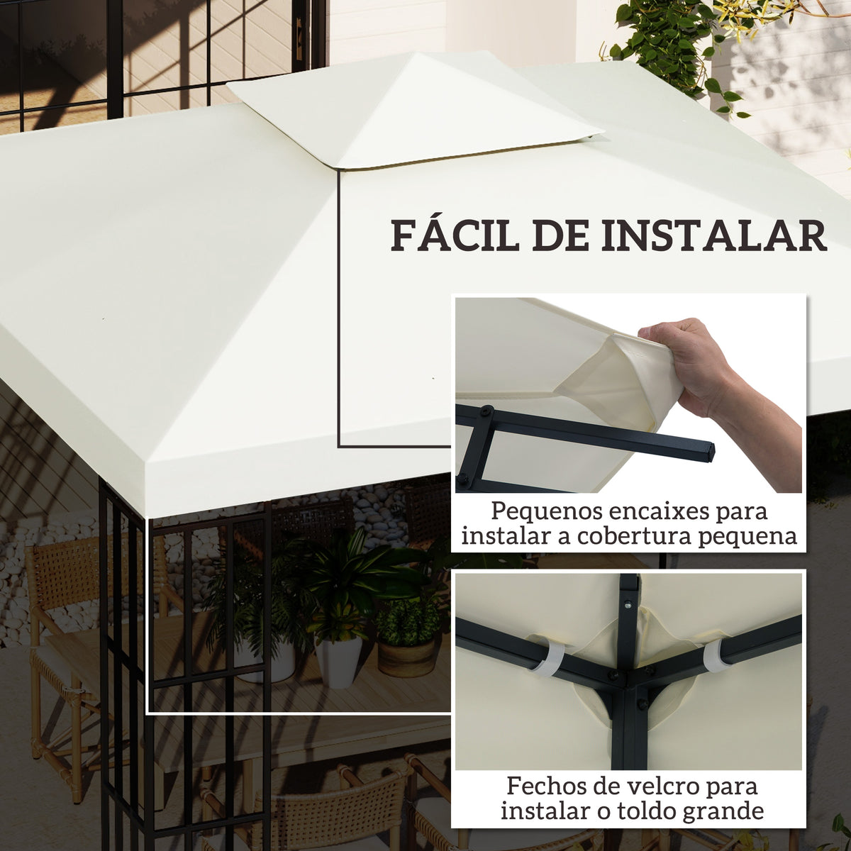 Telhado de Reposição para Gazebo, 3x3 m, Cobertura de Reposição com Telhado Duplo, 8 Orifícios de Drenagem e Proteção UV, APENAS Toldo de Reposição para Pavilhão Gazebo, Creme — foto 5