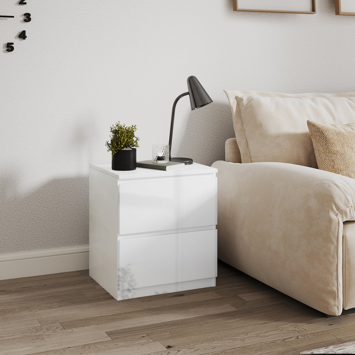 Mesa de Cabeceira Moderna Mesa de Cabeceira com 2 Gavetas Mesa de Cabeceira para Dormitório 40x34x45 cm Branco Brilhante — foto 2