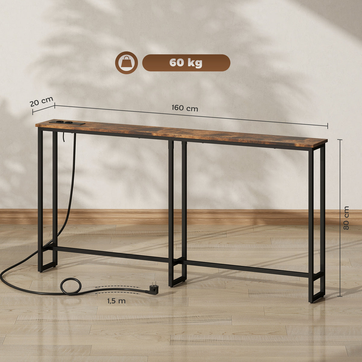 Mesa de Consola Estreita 160 cm Consola com Estação de Carga Estrutura de Aço Estilo Industrial para Corredor Entrada Sala de Estar Dormitório Marrom Rústico — foto 3