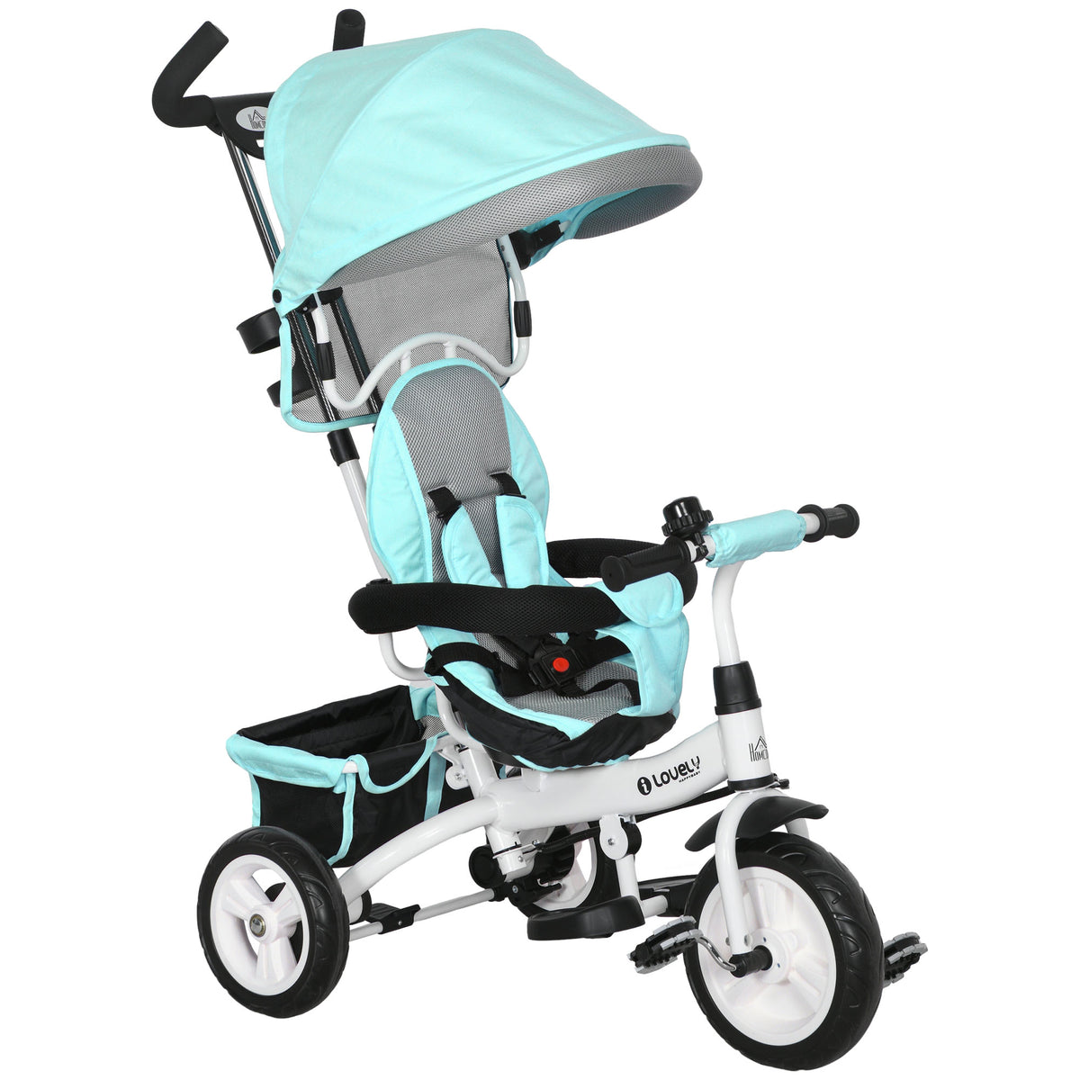 Triciclo para Bebés 2 em 1 Triciclo Evolutivo para Crianças de +12 Meses com Toldo Dobrável Guiador Telescópico e Removível Cinto de Segurança e Cesto 95x50x106 cm Verde Mint — foto 1