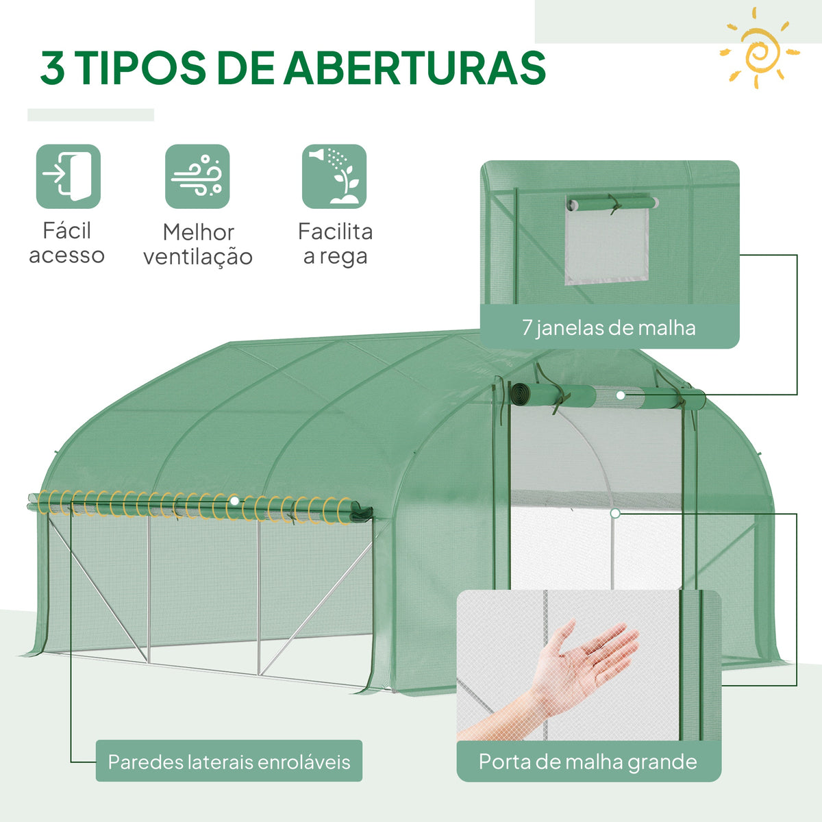 Estufa Tipo Túnel 347x300x200 cm Estufa de Jardim com Porta Enrolável 6 Janelas Cobertura PE 140g/m² Estrutura de Aço Galvanizado para Cultivos Plantas Flores Verde — foto 4