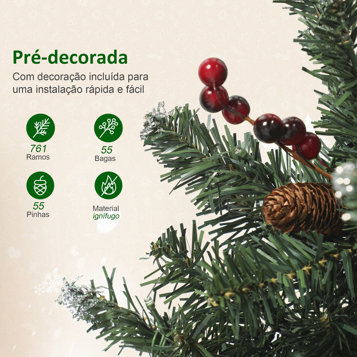 Árvore de Natal Slim 230 cm Árvore de Natal Artificial com Luzes LED Branco Quente 8 Modos de Iluminação 761 Ramos com Purpurina Prateada Pinhas Bagas e Suporte Metálico Verde — foto 6