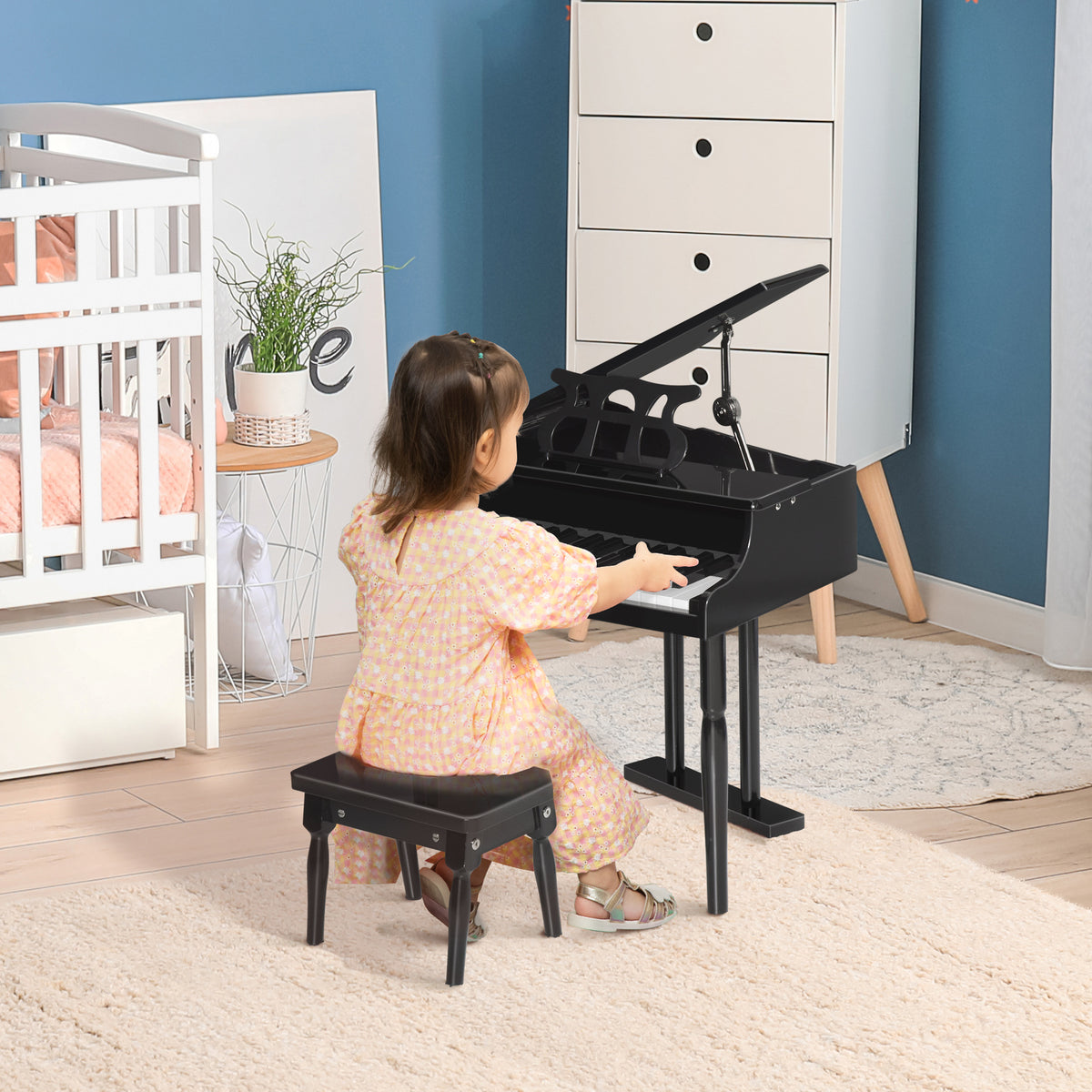 Piano de Cauda Infantil com 30 Teclas Banco Suporte de Partituras Piano para Crianças de MDF Instrumento Musical Educativo 52x50x49cm Preto — foto 2