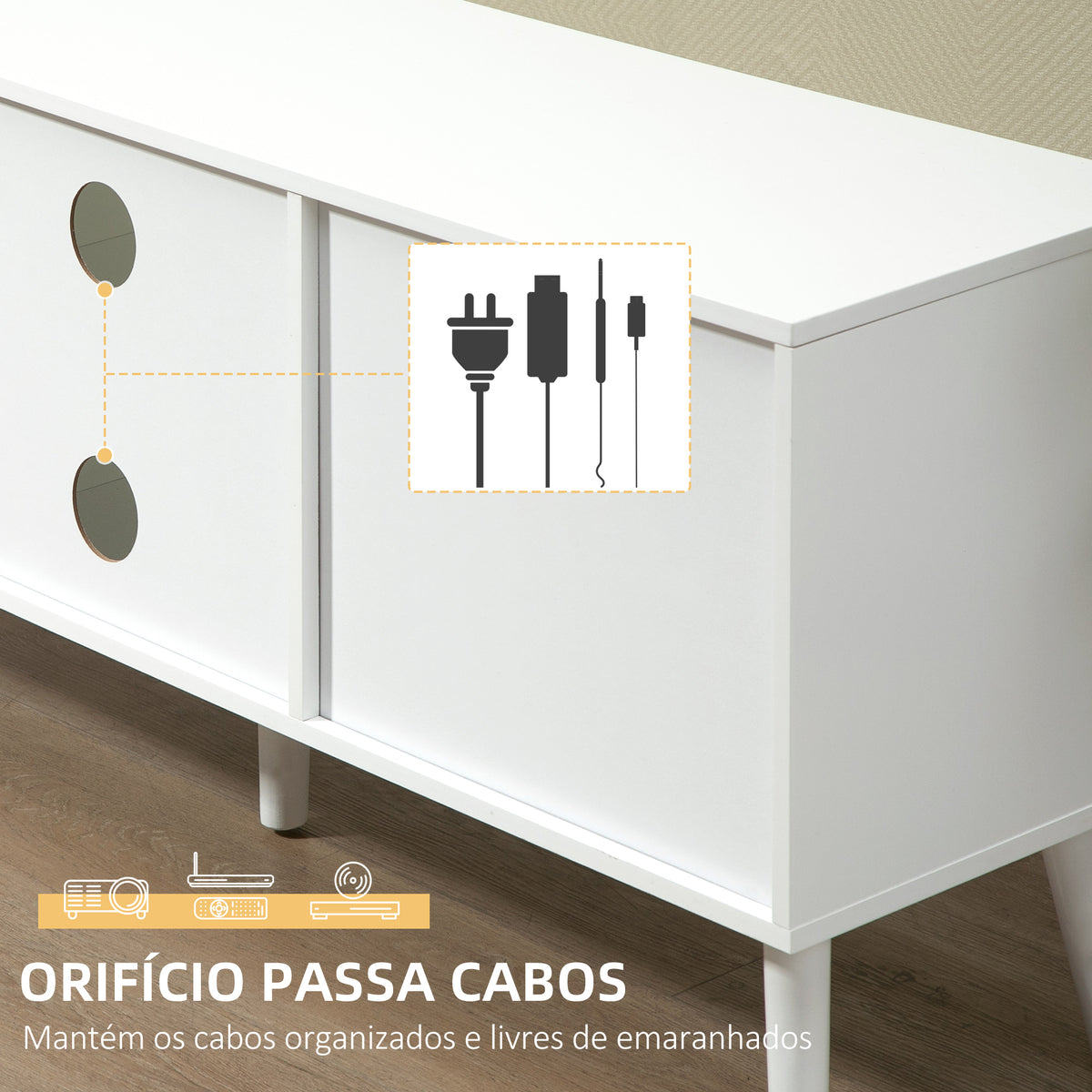 Móvel de TV para Televisores de até 50 Polegadas Móvel de Sala de Estar Moderno com 2 Gavetas de Tecido 2 Prateleiras Abertas e Orifício Passa Cabos 110x29x46,5cm Branco e Cinza — foto 6