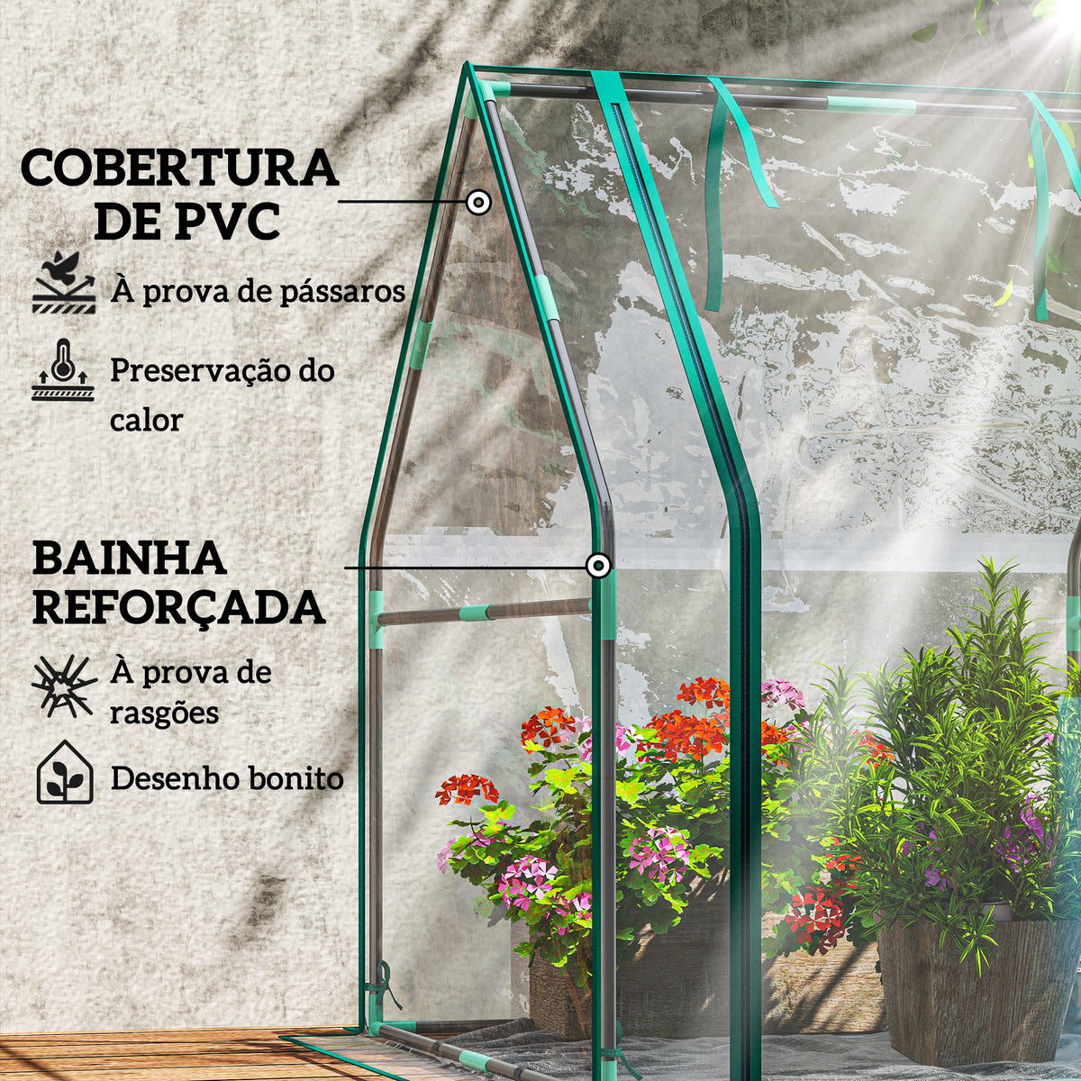 Estufa Pequena Estufa de Exterior Porta com Fecho de Correr Base de Tecido PE Impermeável e Estrutura de Aço Estufa para Cultivar Plantas Flores 90x90x105 cm Transparente — foto 4