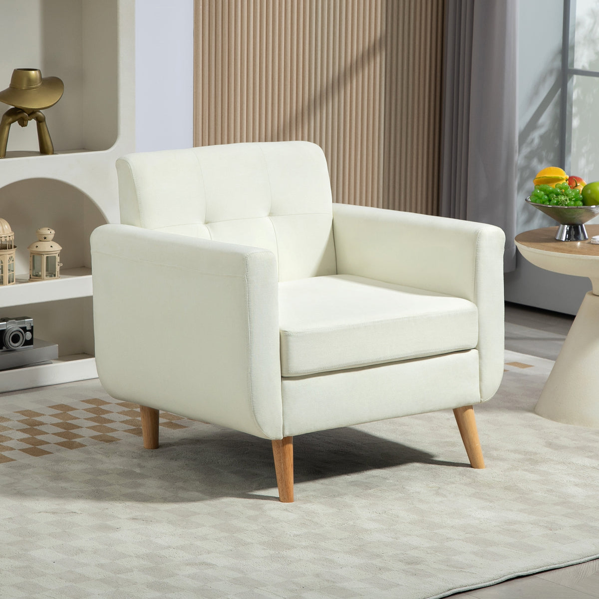 Poltrona Sala de Estar Moderna Poltrona Dormitório com Apoio para os Braços e Pés de Madeira Sofá Individual para Escritório Carga 125 kg 78x70x75 cm Creme — foto 2