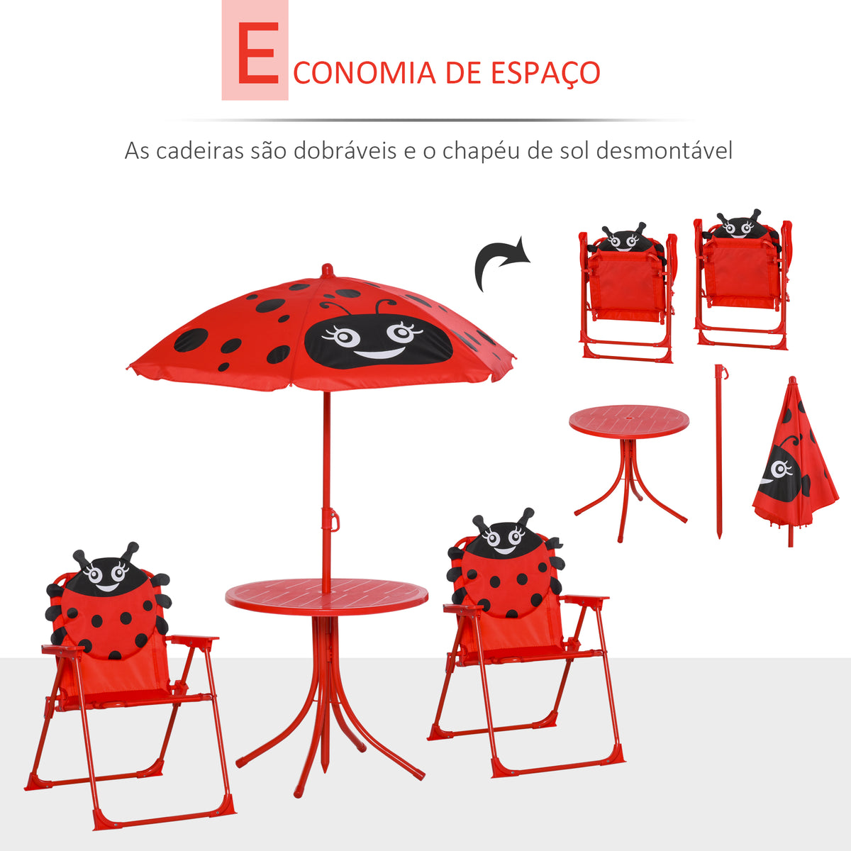 Conjunto de Mesa e Cadeira de Jardim Conjunto de Picnic Dobrável para Crianças Conjunto de Mesa com Chapéu de Sol com Altura Ajustável 100-125cm Desenho de Joaninha Vermelho — foto 4