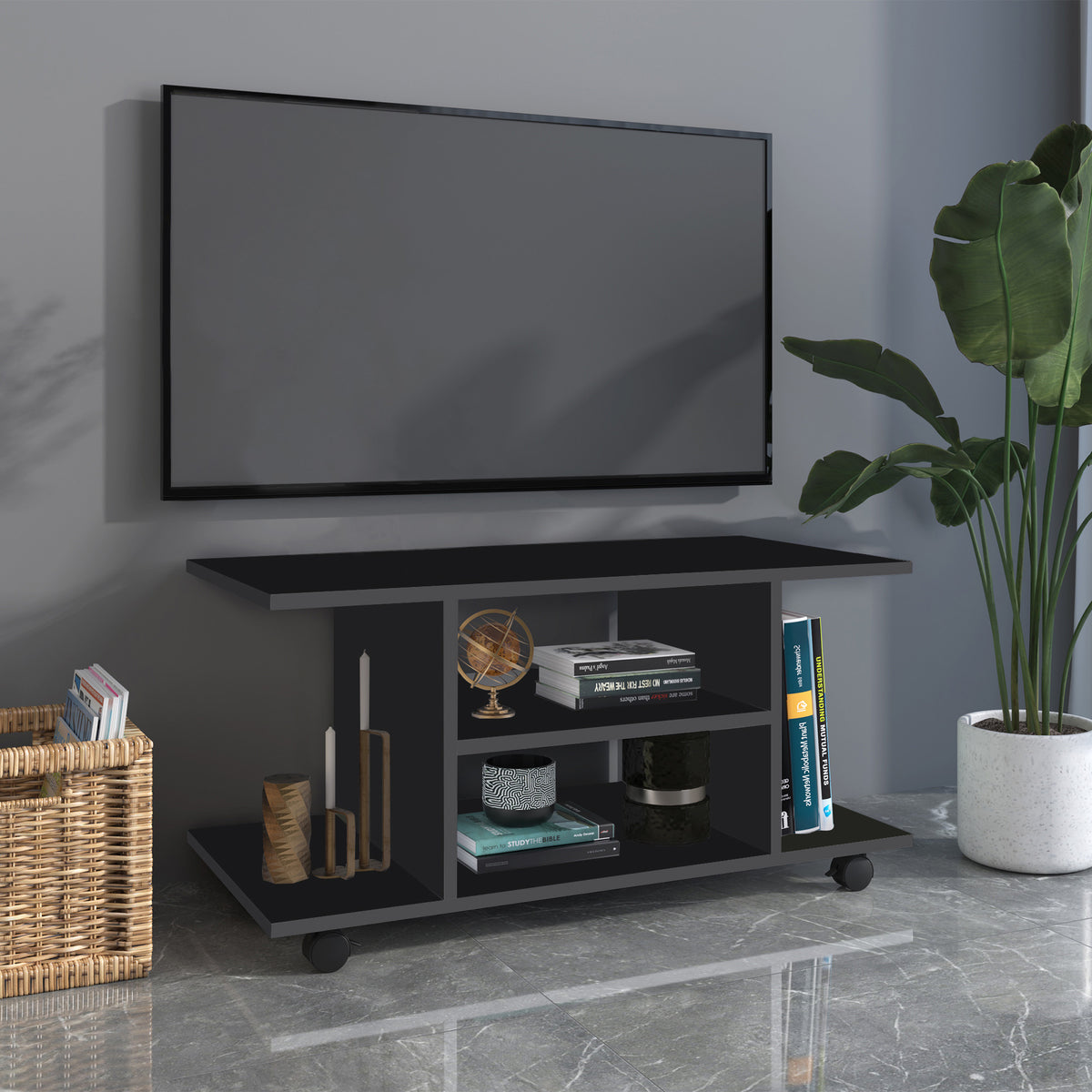 Móvel para TV para Televisores de até 42 Polegadas Móvel de TV com Prateleiras e Rodas com Travão 80x40x40cm Preto — foto 2