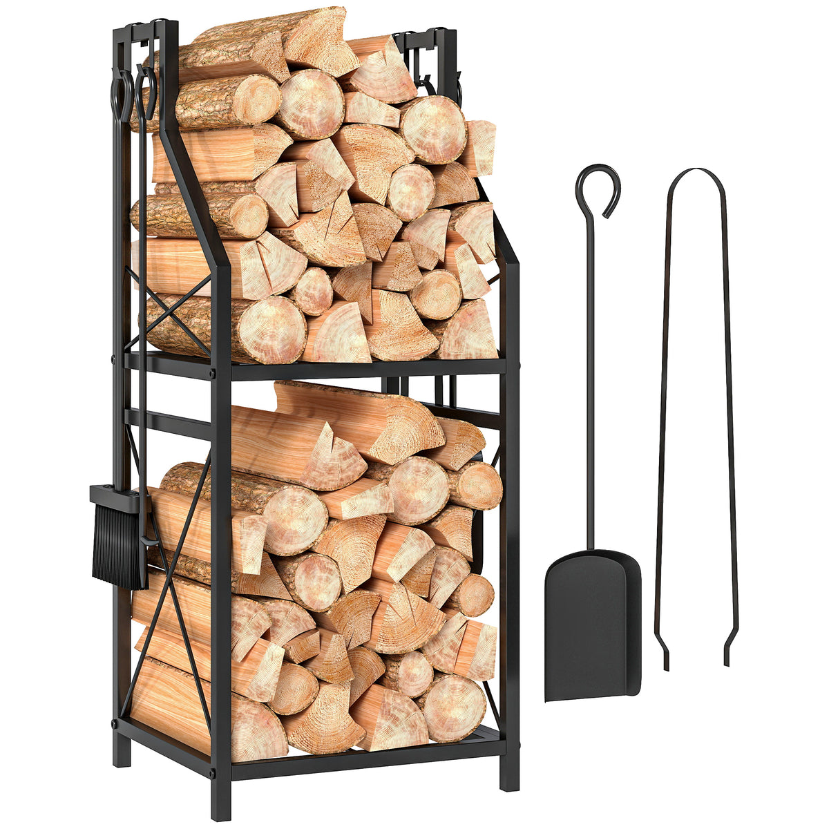 Suporte Metálico para Lenha 2 Níveis com 4 Ferramentas Ganchos e Base Elevada para Interior e Exterior 34x30x80 cm Preto — foto 1