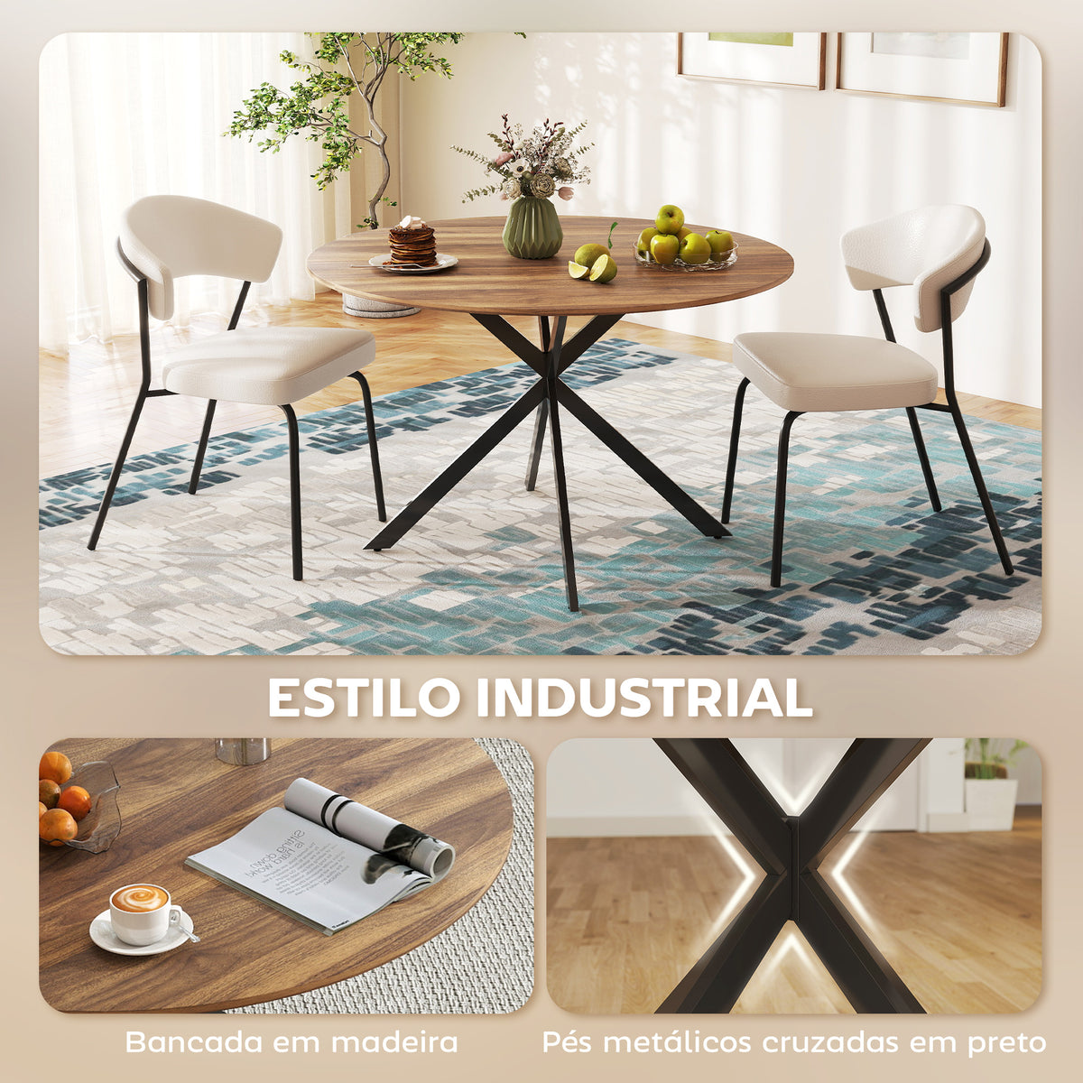 Mesa de Refeição Redonda para 4 Pessoas Mesa de Cozinha Industrial com Estrutura de Aço Ø120x75 cm Marrom — foto 4