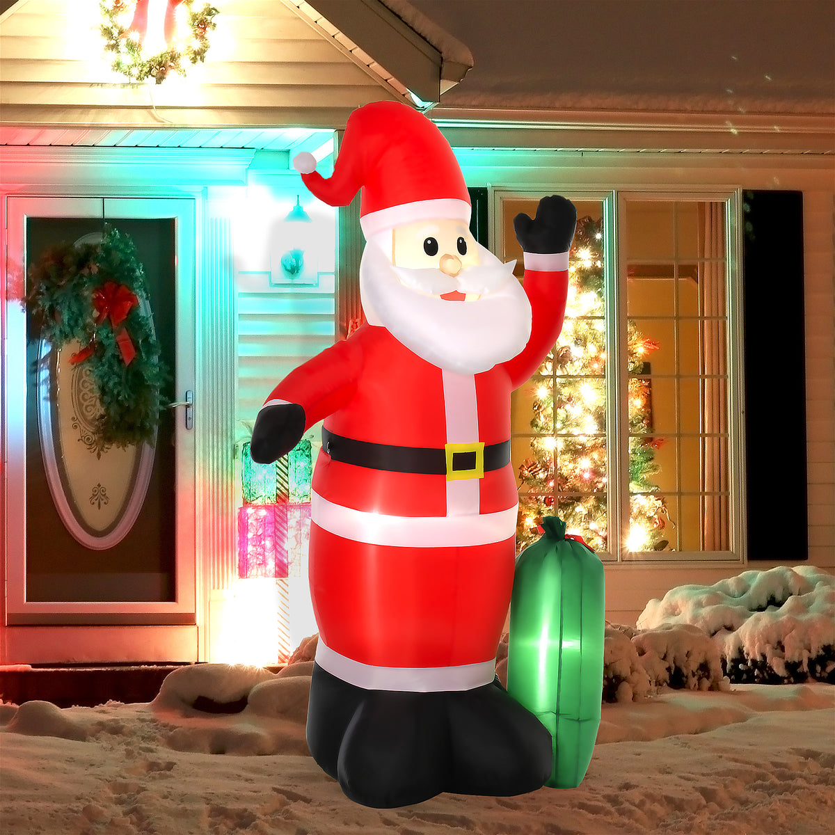 Pai Natal Insuflável com Saco de Presentes 3 Luzes LED IP44 e Inflador Elétrico Decoração de Natal para Interiores e Exteriores 148x85x240cm Vermelho e Verde — foto 2