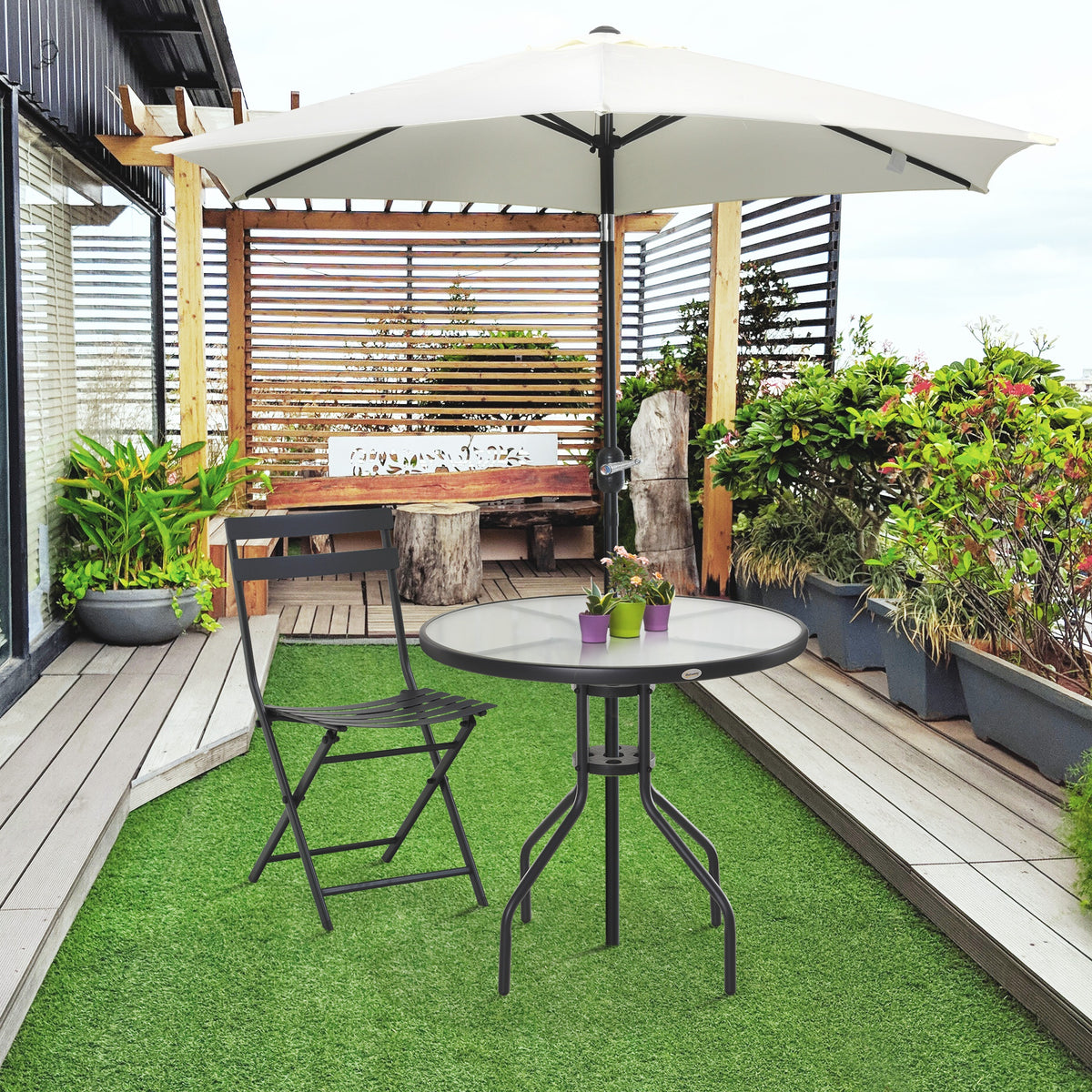 Mesa de Jardim Redonda Mesa Sala de Jantar de Cristal Temperado com Orifício para Chapéu de Sol Estrutura Metálica para Pátio Terraço Exterior Ø80x72cm Preto — foto 2
