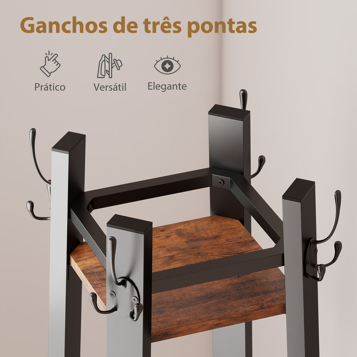 Cabideiro de Pé com 4 Níveis, 4 Prateleiras 8 Ganchos Estrutura Metálica para Entrada Sala de Estar Quarto Marrom Rústico — foto 5