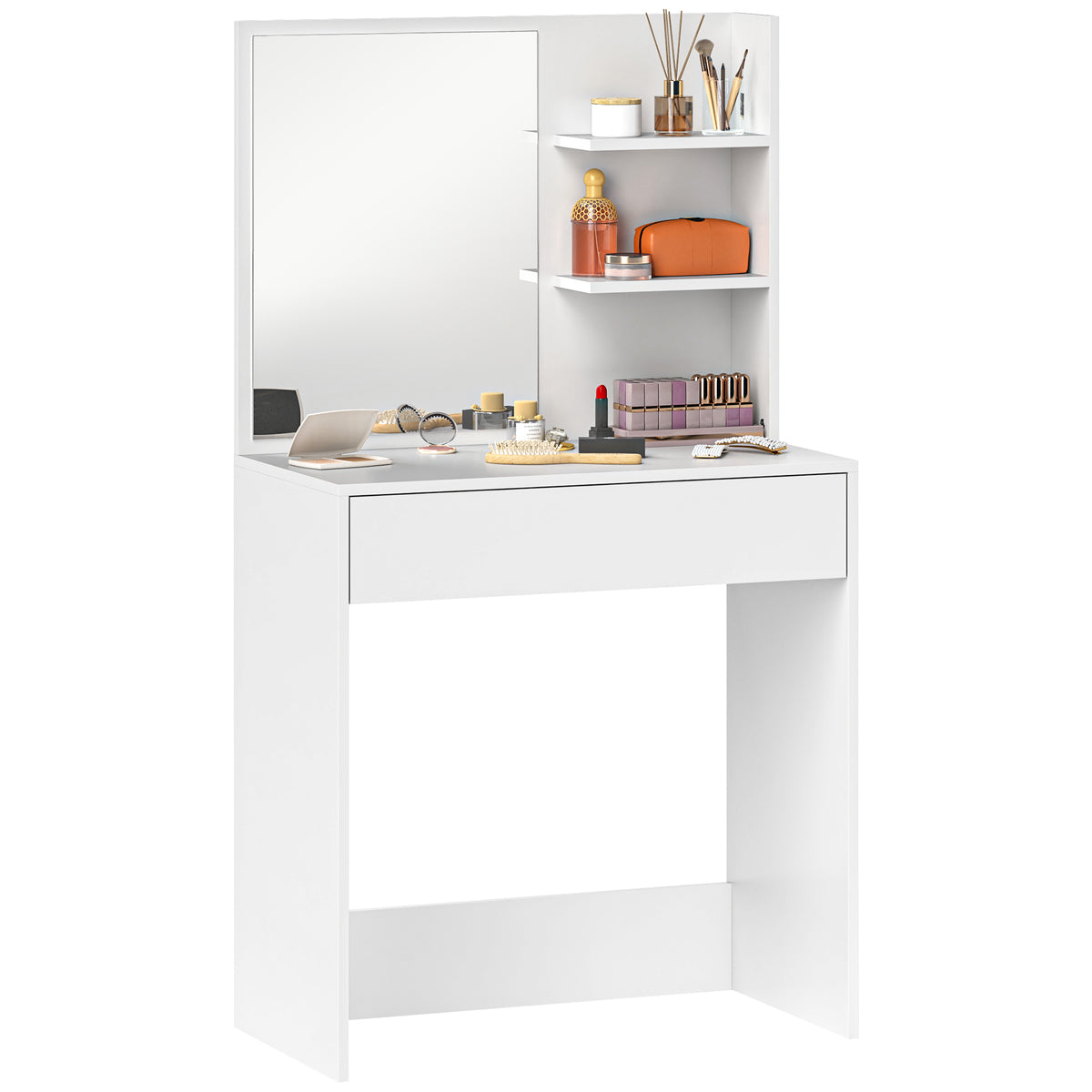 Toucador de Maquilhagem com Espelho Mesa de Maquilhagem com Gaveta e Prateleiras Abertas Toucador para Dormitório 75x40x137 cm Branco — foto 1