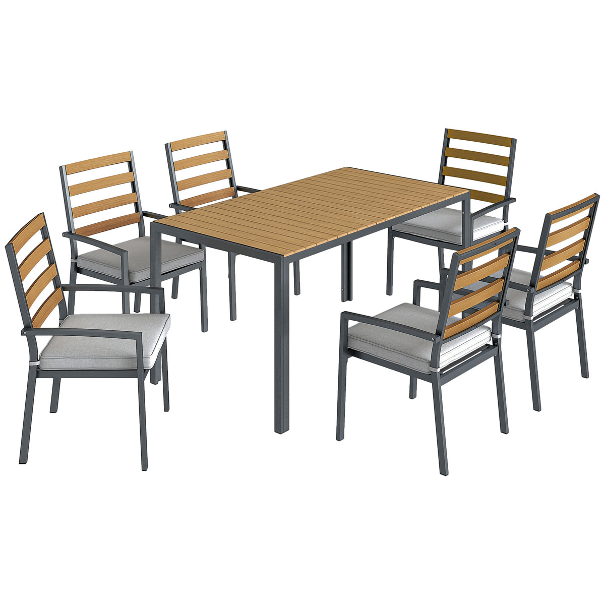 Conjunto de Móveis de Jardim 7 peças Conjunto com 1 Mesa de Jantar 6 Cadeiras Almofadas para Terraço Madeira Natural — foto 1