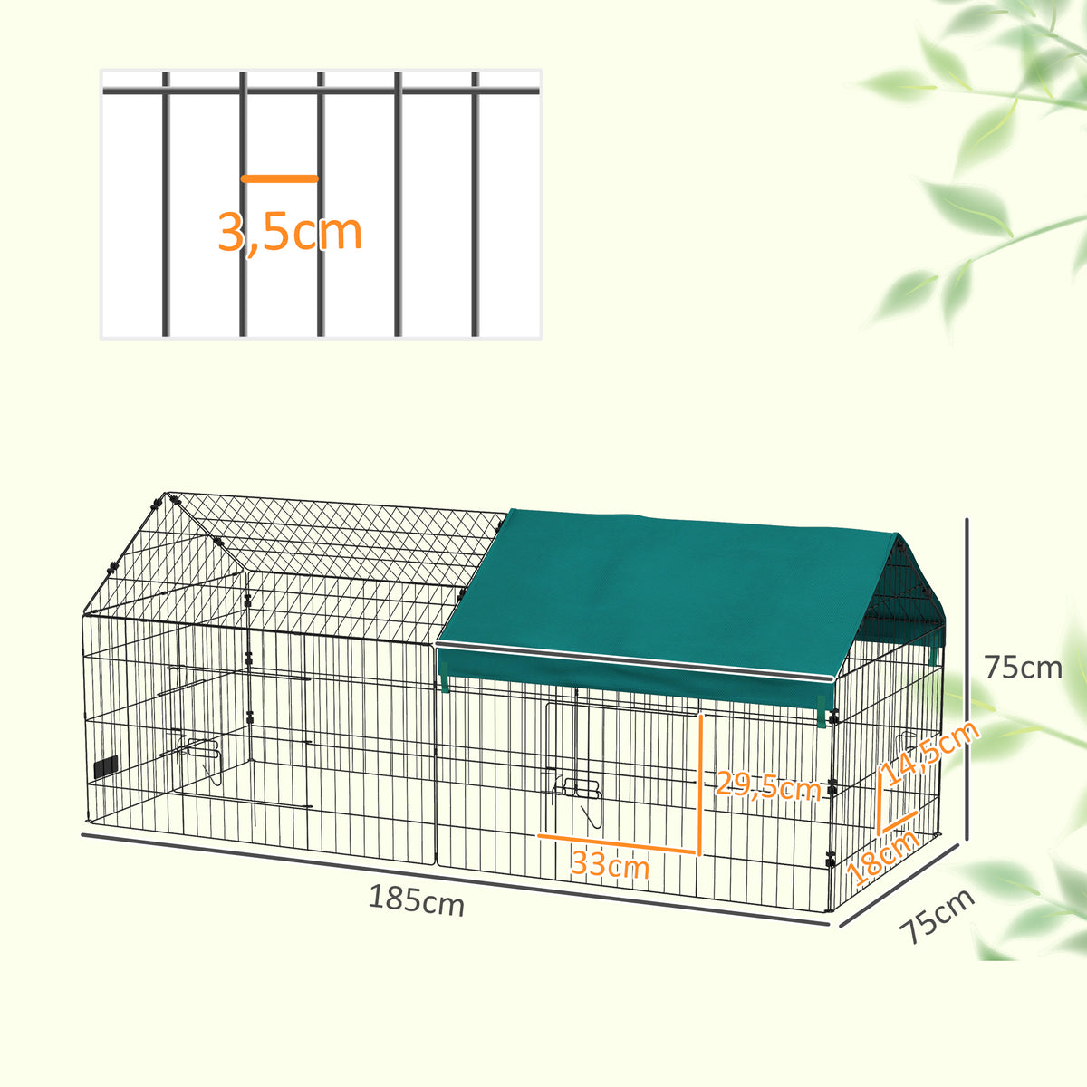Gaiola para Animais Pequenos Gaiola para Roedores de Aço com Porta e Toldo para Coelhos Chinchilas Galinhas 185x75x75 cm Verde — foto 3