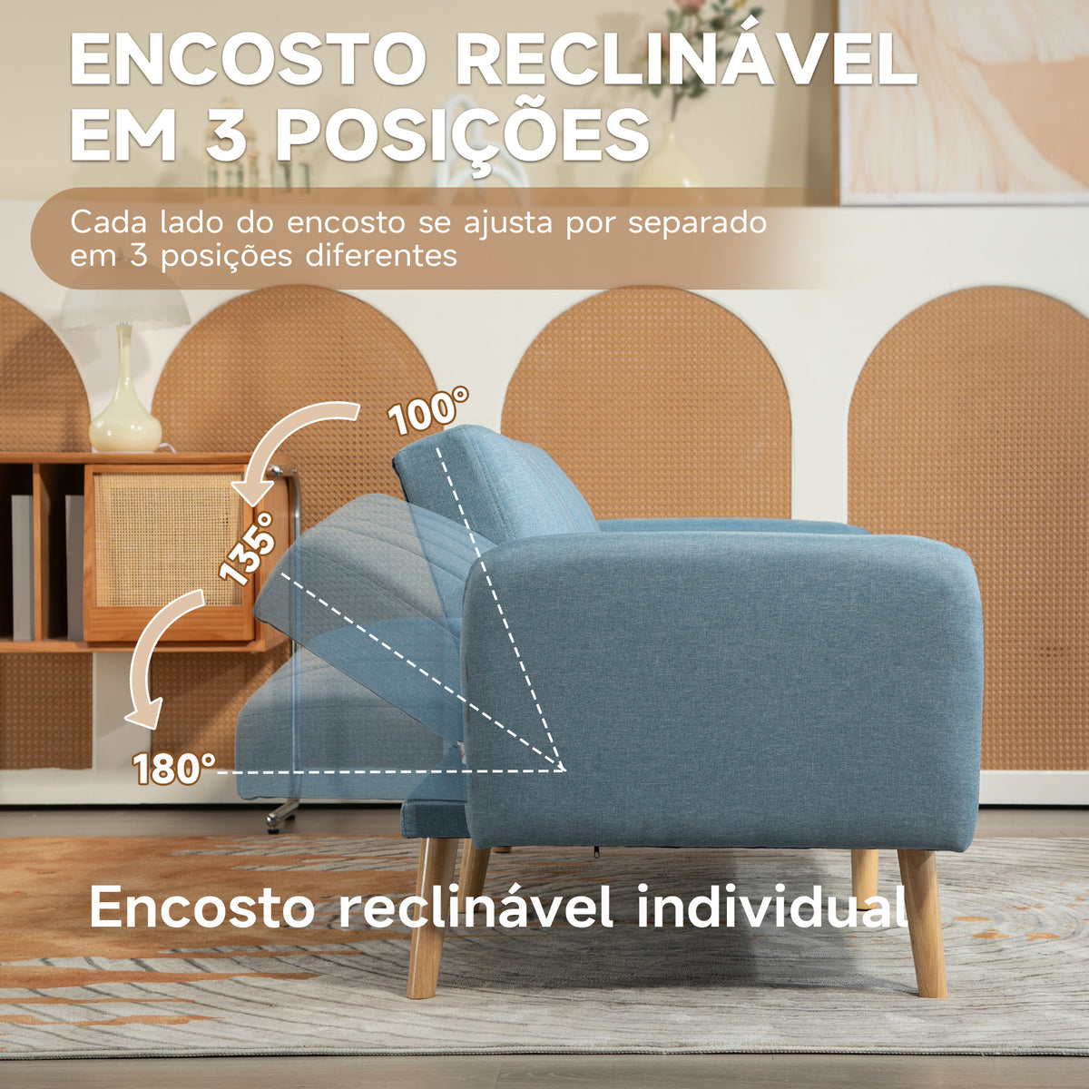 Sofá Cama de 2 Lugares com Encosto Ajustável em 3 Posições Apoio para os Braços Desmontável e Pés de Madeira Sofá Duplo Moderno para Sala de Estar Escritório 173x75x73cm Azul Claro — foto 5
