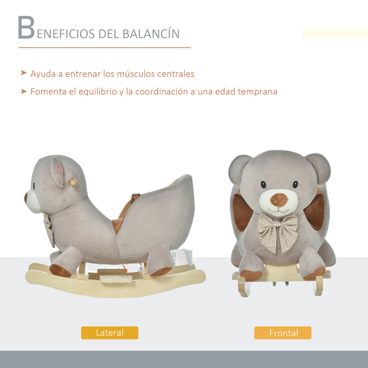 Cavalo de balanço para bebê acima de 18 meses Cavalo Baloiço de pelúcia macio com forma de urso com guiador e apoio de pés 60x33x50 cm Cinza — foto 5