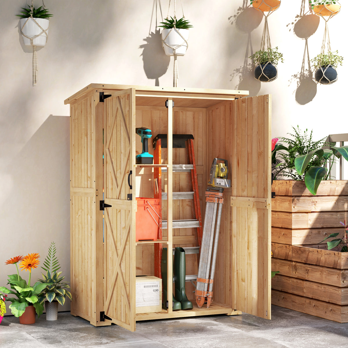 Abrigo de Armazenamento para Jardim Casinha de Madeira para Ferramentas e Equipamentos de Jardim Telhado de Betume Portas Duplas Madeira de Abeto Castanho Claro — imagem 3