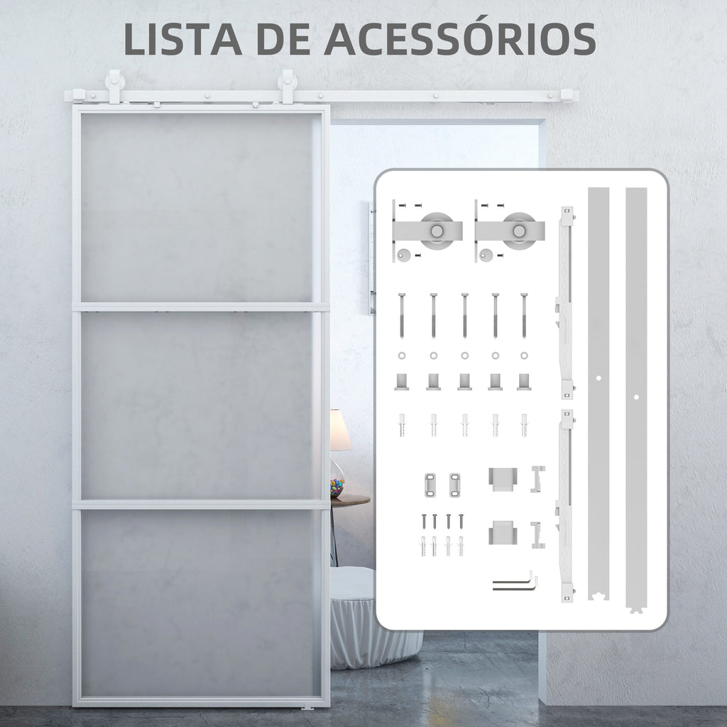 Porta de Correr com Acessórios Porta de Correr de Vidro com Mecanismo de Fecho Suave para Casa de Banho Sala de Estar Cozinha 91,4x203,2 cm Branco — foto 7